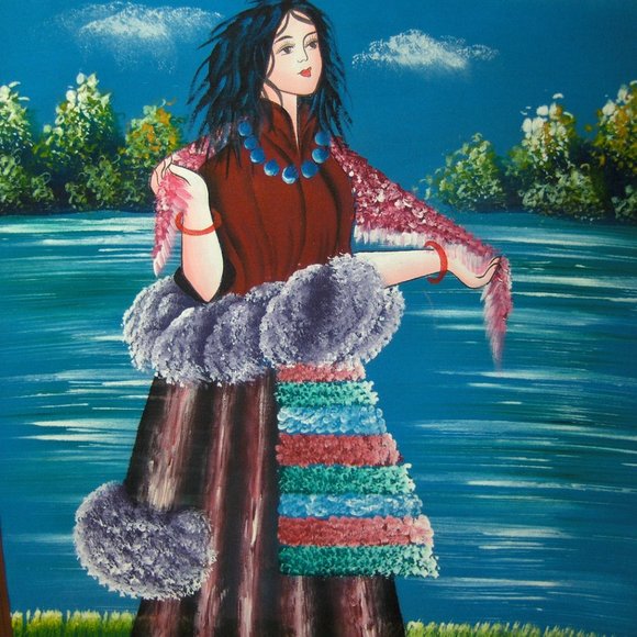 Colorful Acrylic Scroll Painting On Canvas Of Woman In Beautiful Dress by Water - Picture 3 of 7